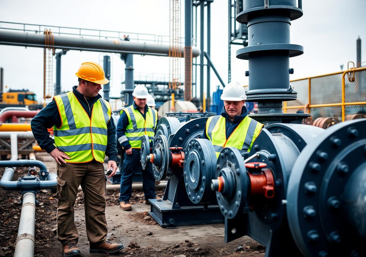 Field crew inspecting industrial pumps