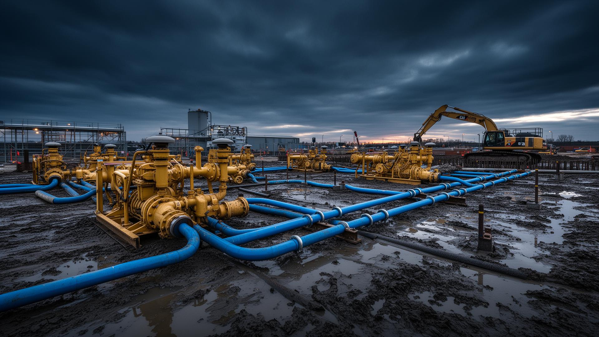 Industrial dewatering site with pumps and temporary piping